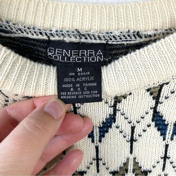 90s Y2K Generra Collection Mens Diamond Patterned Cream Sweater Size M - Picture 3 of 7